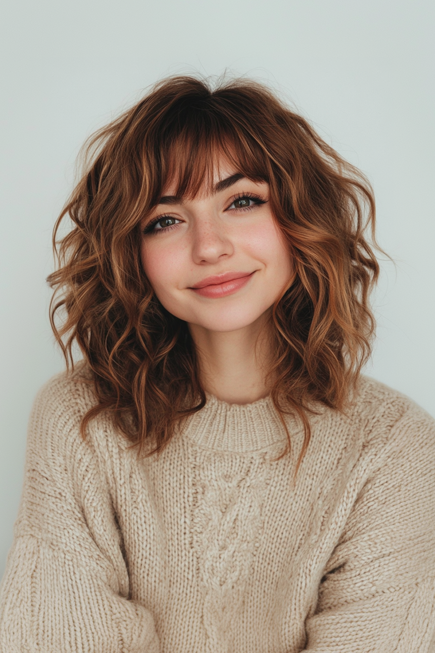 4. Curly Vorhang Pony mit kastanienbrauner Mischung (Haarschnitte für dickes und welliges Haar) - Haarschnitte für dickes und welliges Haar