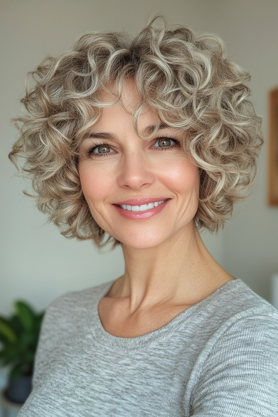 4. Curly Pixie mit sandigen blonden Farben (lockige Frisuren für Frauen über 50 mit Pony) - lockige Frisuren für Frauen über 50 mit Pony