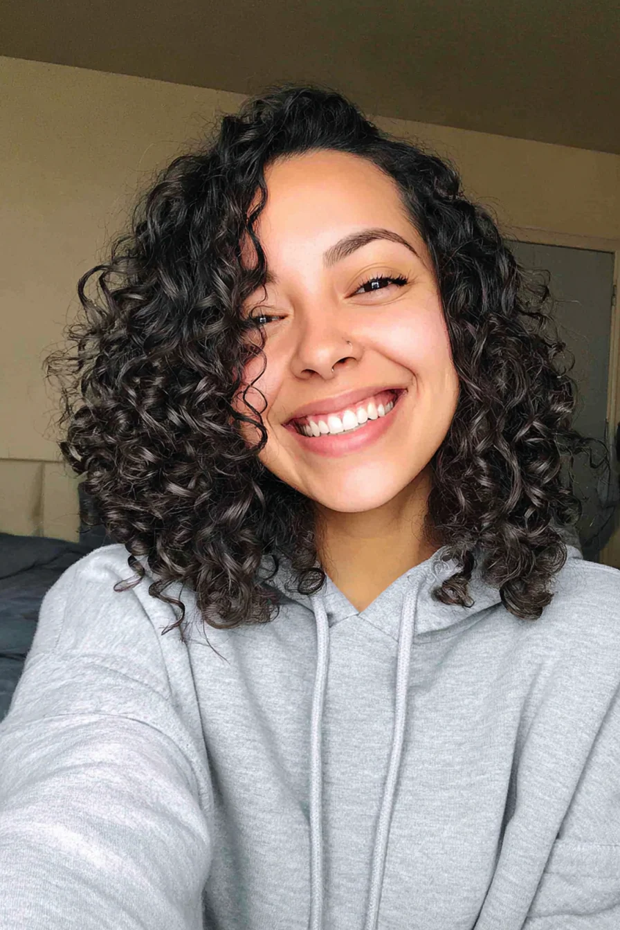 4. Lockiger runder Schnitt in tiefem Espresso (mittellange Haarschnitte für lockiges Haar) – Mittellange Haarschnitte für lockiges Haar