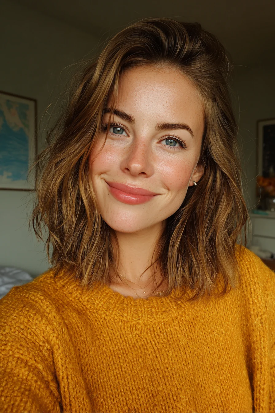 4. Geschwungener Caramel Lob (Schulterlange Frisuren für dickes Haar) – Schulterlange Frisuren für dickes Haar