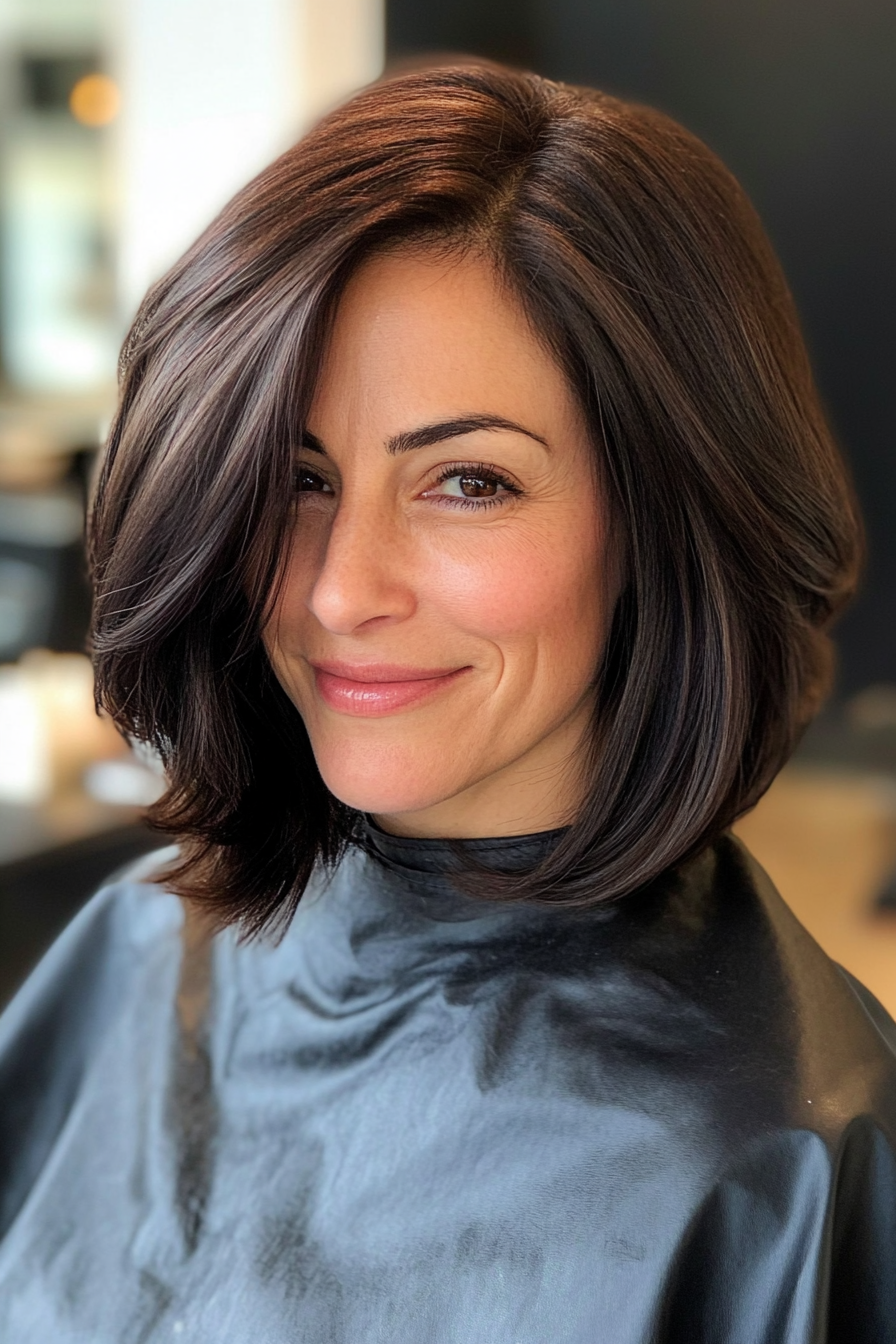 4. Dark Brown abgewinkelte Lob (trendige Haarschnitte für Frauen über 40) - trendige Haarschnitte für Frauen über 40