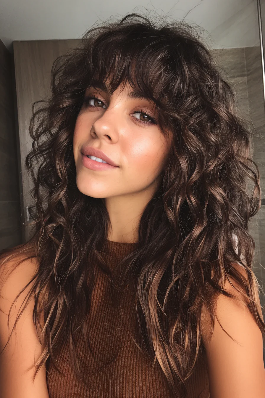 4. Dunkelbraune Spiralschichten mit Vorhang-Pony (lange lockige Haarschnitte) – Lange lockige Haarschnitte