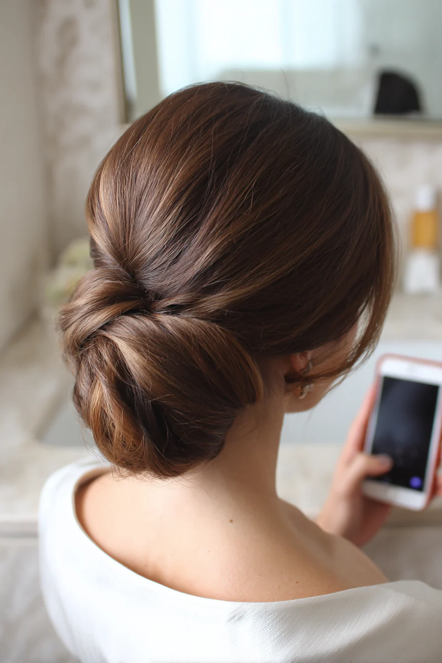 4. Eleganter gedrehter Dutt in Aschbraun (Hochzeitsfrisuren) – Hochzeitsfrisuren