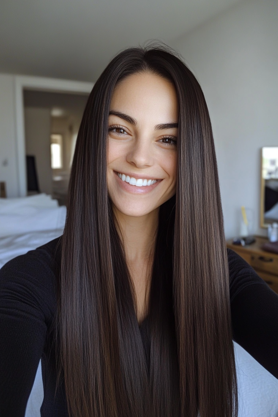 4. Espresso schlanker gerader Schnitt (Frisuren für Frauen über 40 mit langen Haaren) - Frisuren für Frauen über 40 mit langen Haaren