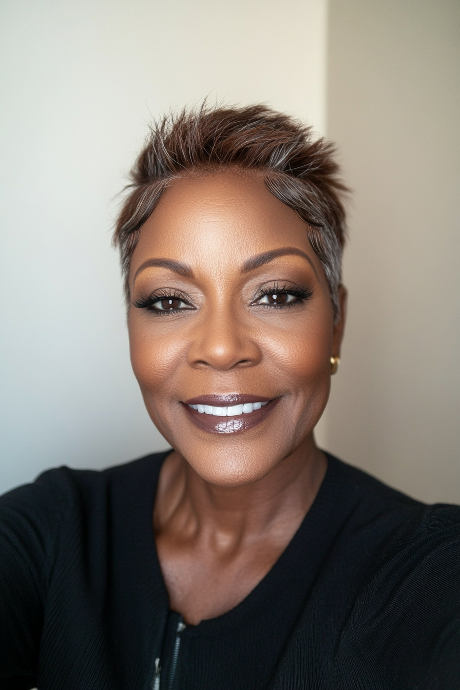 4. Gefiederter Pixie in dunklem Kastanienbraun (Pixie-Haarschnitte für schwarze Frauen über 60) – Pixie-Haarschnitte für schwarze Frauen über 60