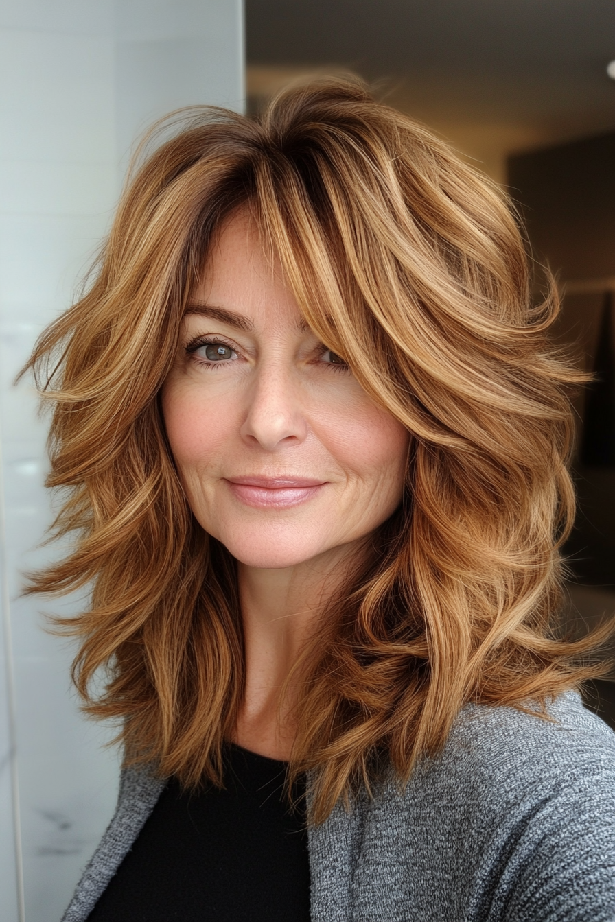 4. Golden braun strukturierter Shag (zottelige Frisuren für Frauen über 50) - Shaggy Frisuren für Frauen über 50