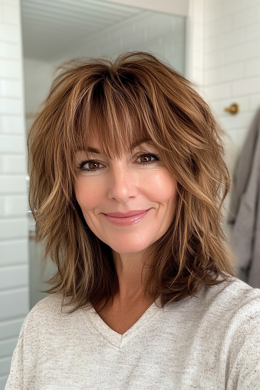 4. Honigbrauner schulterlanger Shag (zottelige Geschichtfrisuren für Frauen über 50) - Shaggy -Hableiter Frisuren für Frauen über 50