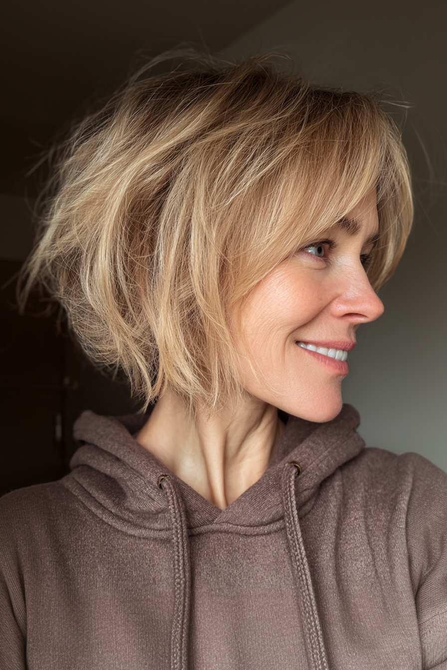 4. Layered Bob mit gefiederten Enden in Honigblondine (kurze Schichtbobhaarschnitte für Frauen über 50) - kurze Schichthaarschnitte für Frauen über 50