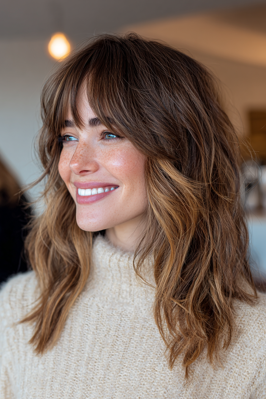 4. Layered Lob mit Karamell -Balayage -Pony (lange Bob -Frisuren mit Pony) - Lange Bob -Frisuren mit Pony