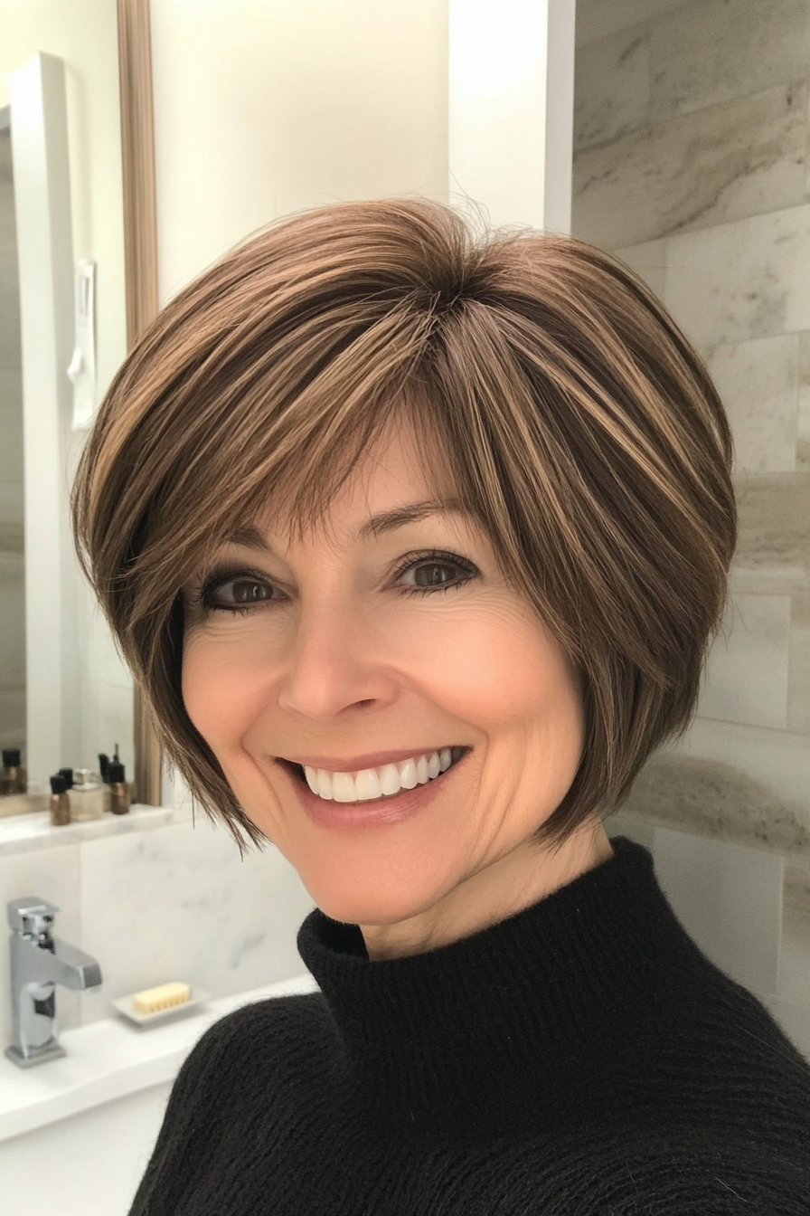 4. Layered Mocha Bob (elegante kurze Frisuren für ältere Frauen) - Elegante kurze Frisuren für ältere Frauen