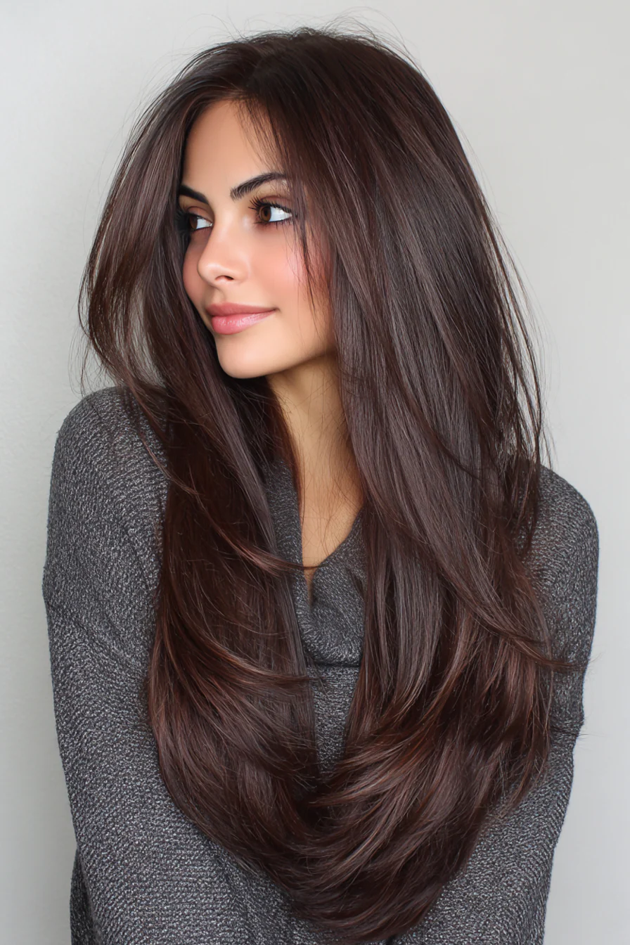4. Stufenförmiger V-Schnitt mit schokoladenbrauner Tiefe (lange Stufenhaarschnitte für Damen) – Lange Stufenhaarschnitte für Damen