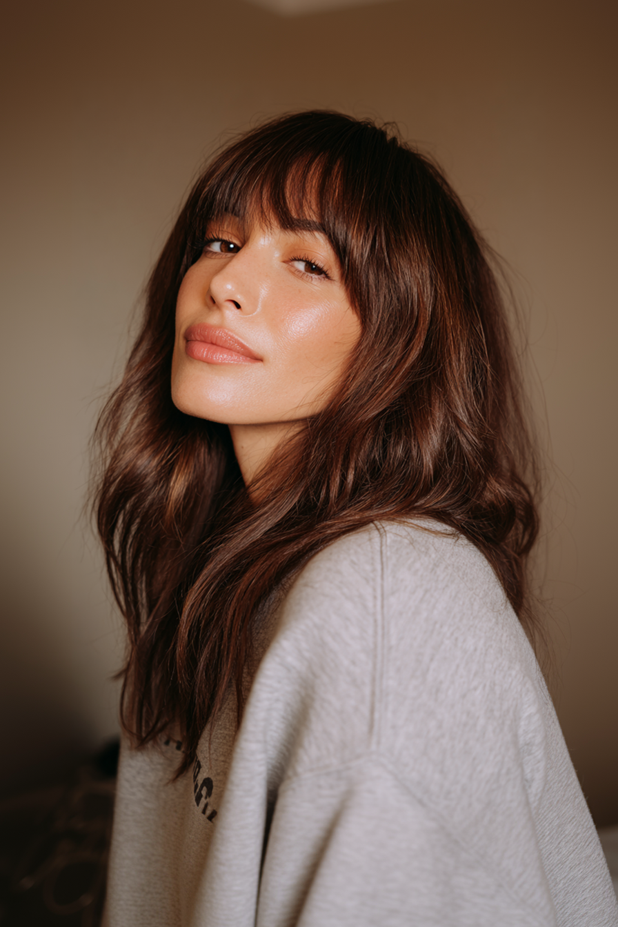 4. Lange Schichten mit stumpfen Pony in Kastanienbraun (Haarschnitte für Frauen über 40 mit Pony) - Haarschnitte für Frauen über 40 mit Pony