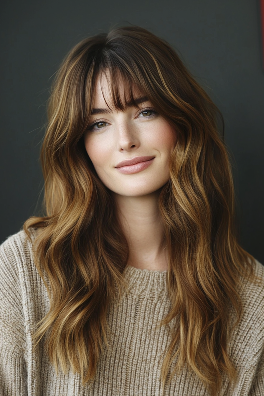 4. Lange wellige Schichten mit Kastanien -Ombre (wellige Haarschnitte mit Vorhang Pony) - wellige Haarschnitte mit Vorhangstücken