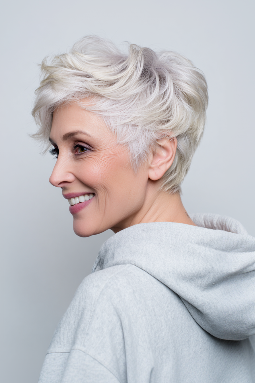 4. Platinum verjüngte Wellenpixie (wellige Frisuren für ältere Frauen) - Wellige Frisuren für ältere Frauen