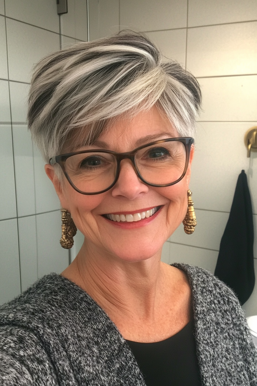 4. Pixie mit Salz- und Pfefferschicht (Pixie-Haarschnitte für Frauen über 60 mit Brille) – Pixie-Haarschnitte für Frauen über 60 mit Brille