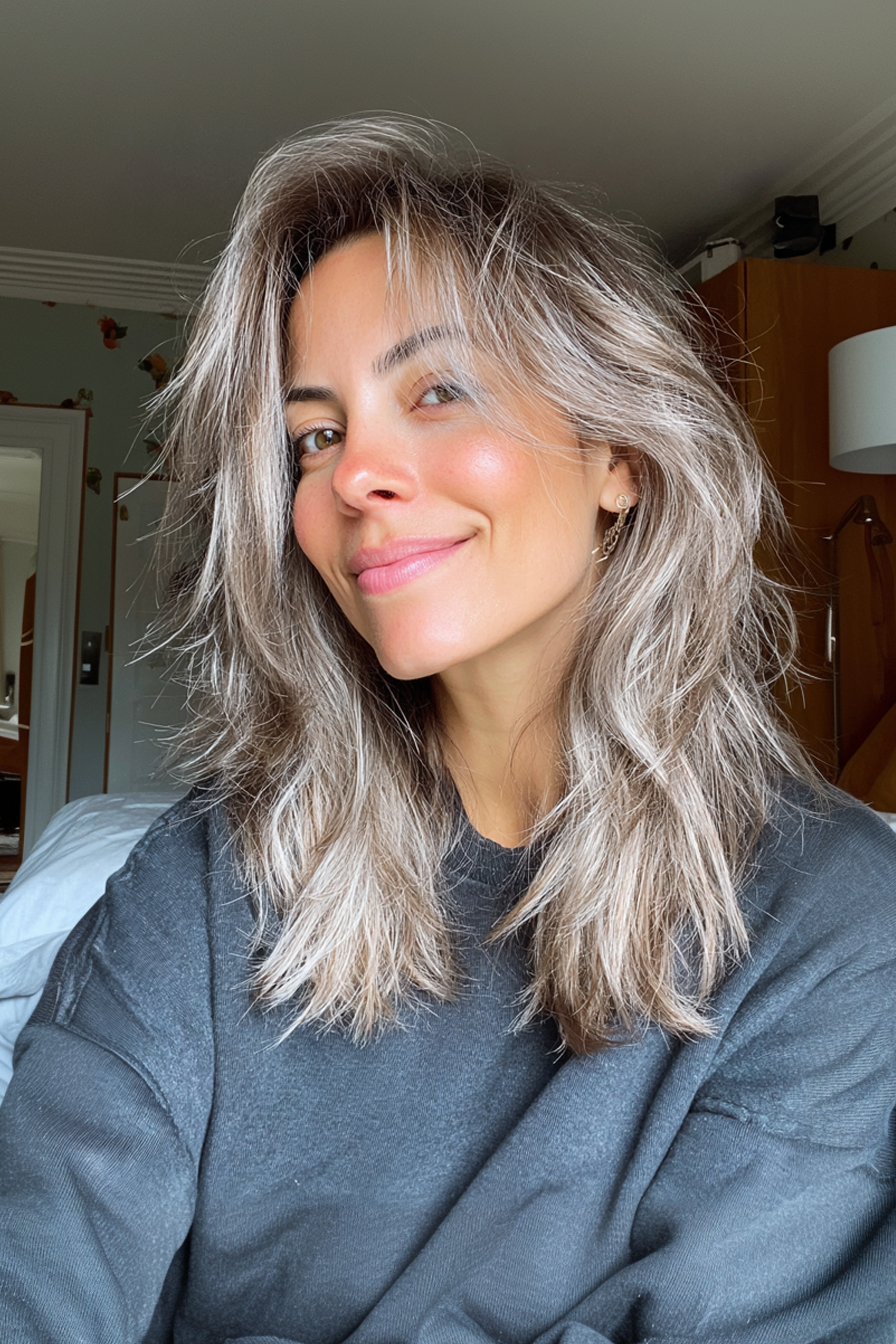 4. Shaggy -Mittellänge mit kühlen Platin -Highlights (mittelgroße Haarschnitte für feines Haar) - mittelgroße Haarschnitte für feines Haar