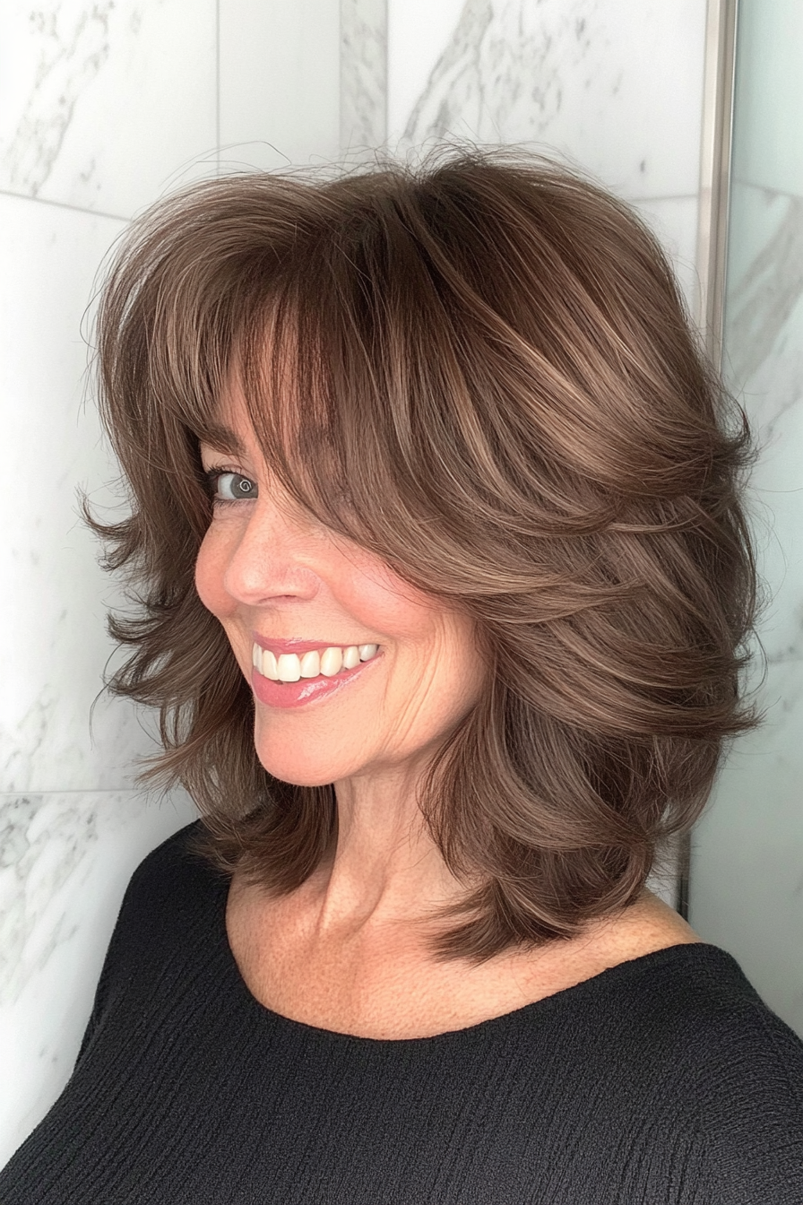 4. Schulter -Grazing Shag in Aschebraun (Hüftfrisuren für Frauen über 50) - Hüftfrisuren für Frauen über 50