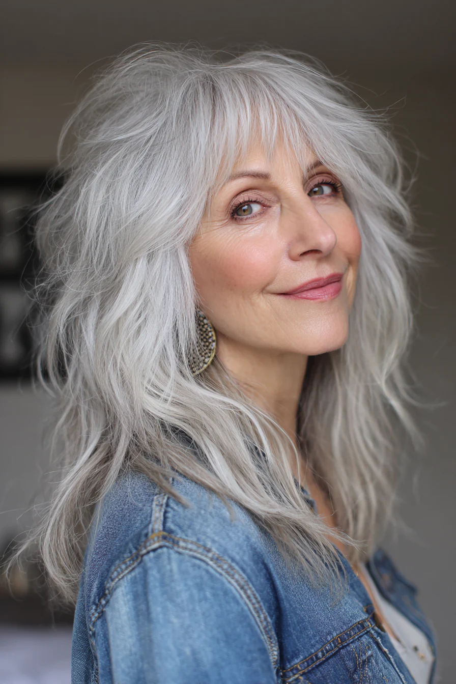4. Silberfarbener Shag mit strukturierten Spitzen (Long Shag-Frisuren für Frauen über 50) – Long Shag-Frisuren für Frauen über 50