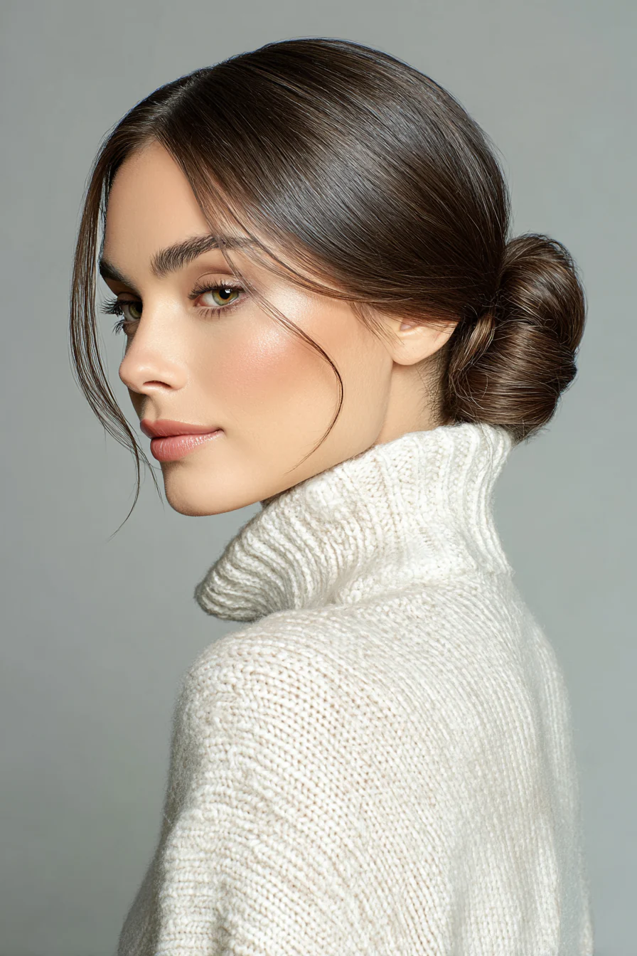 4. Glatter Mittelscheitel-niedriger Dutt in kühlem Mokka (Brautfrisuren) – Brautfrisuren