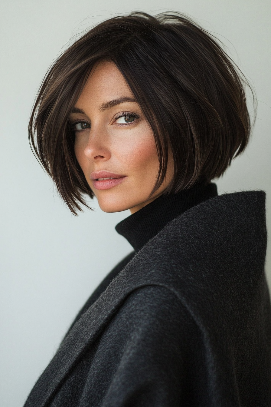 4. Schlanker Kinnlänge Bob mit dunkelbraunem (Frisurstrends für Frauen über 40 mit feinem Haar) - Frisurstrends für Frauen über 40 mit feinem Haar