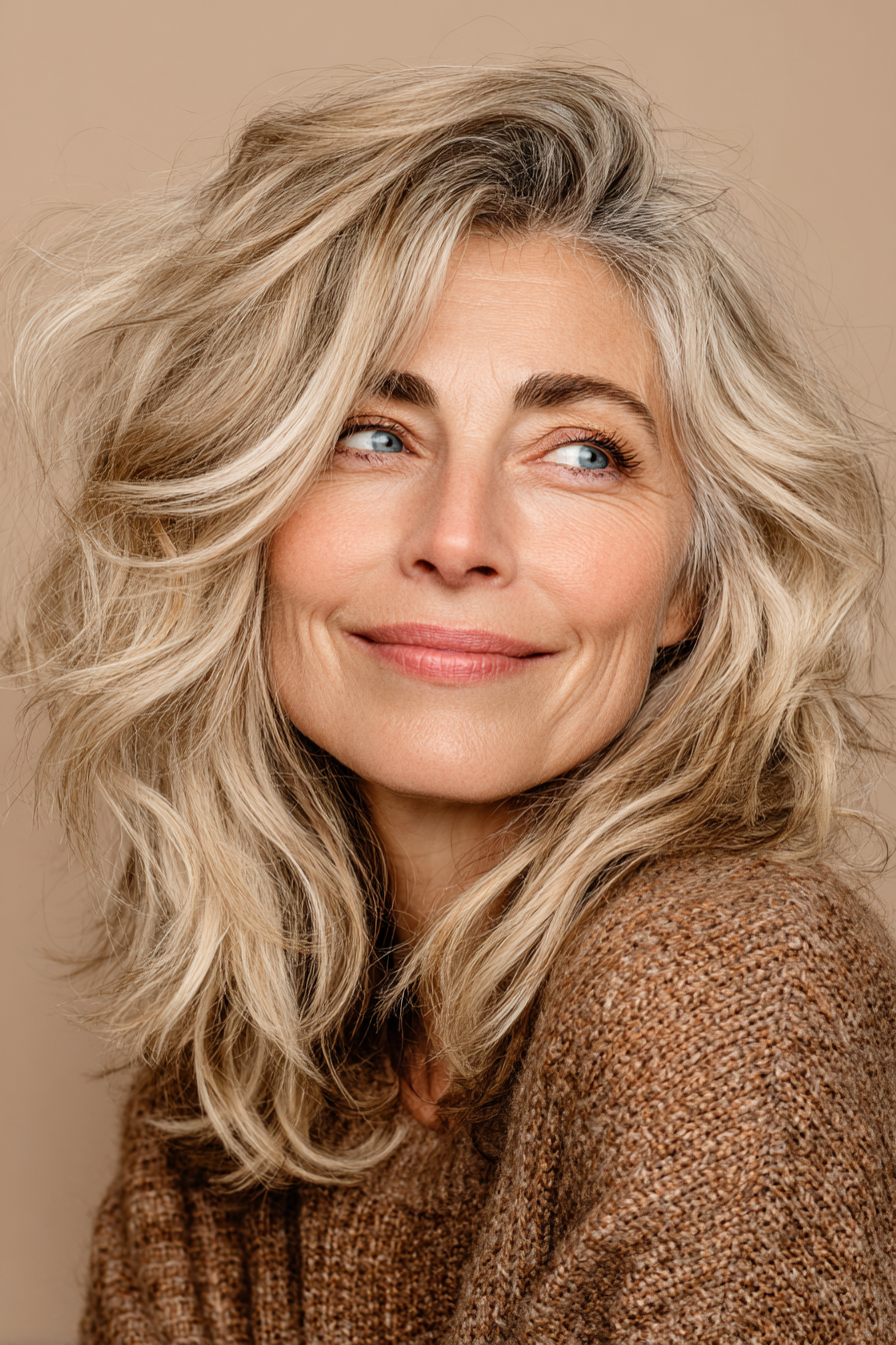 4. Weiche, gefiederte Schichten in Champagnerblond (Mittellange Frisuren für Frauen über 50 mit welligem Haar) – Mittellange Frisuren für Frauen über 50 mit welligem Haar