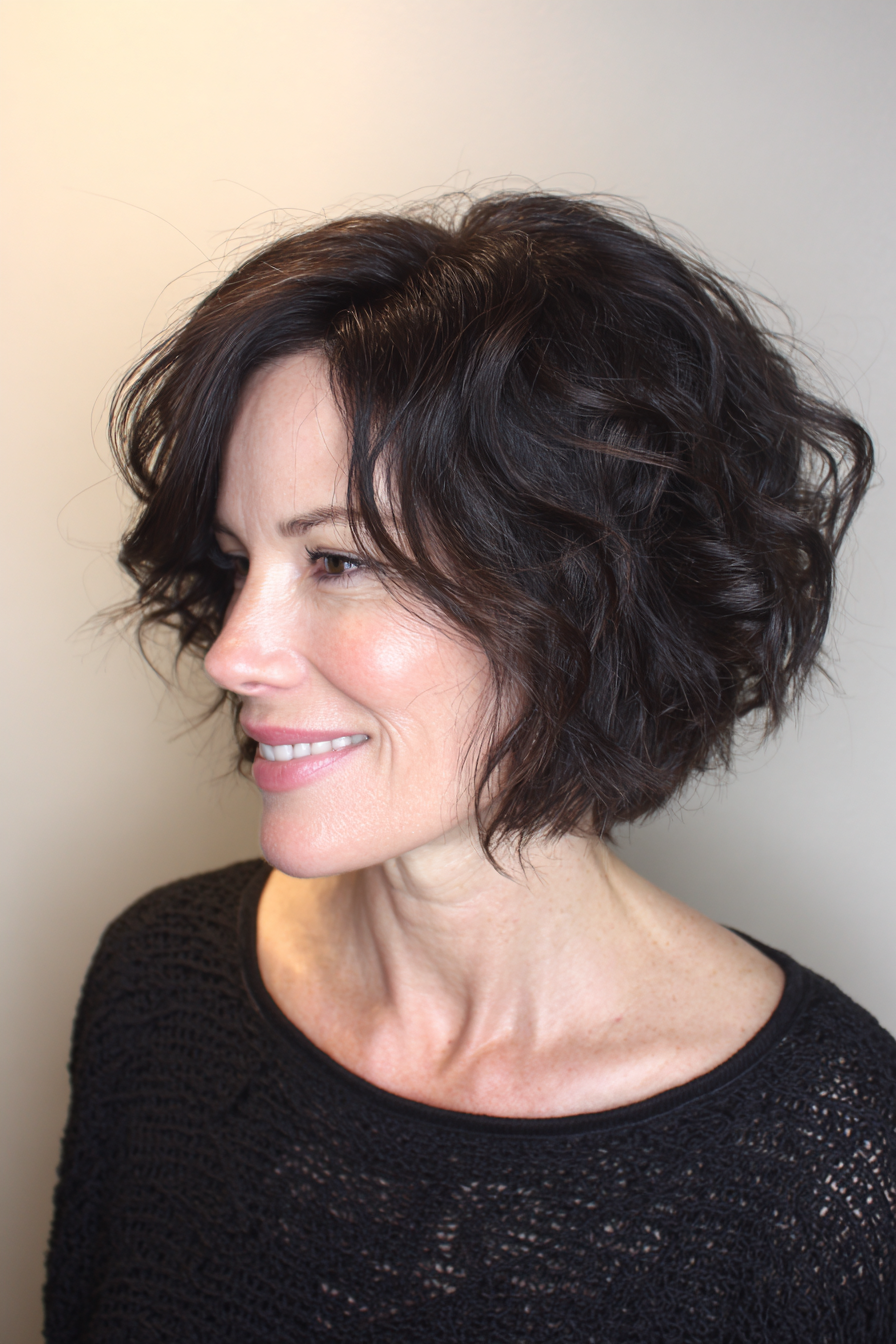 4. Weicher, gewellter Bob in natürlichem Schwarz (kurze Frisuren für Frauen über 50 mit dickem, gewelltem Haar) – Kurze Frisuren für Frauen über 50 mit dickem, gewelltem Haar