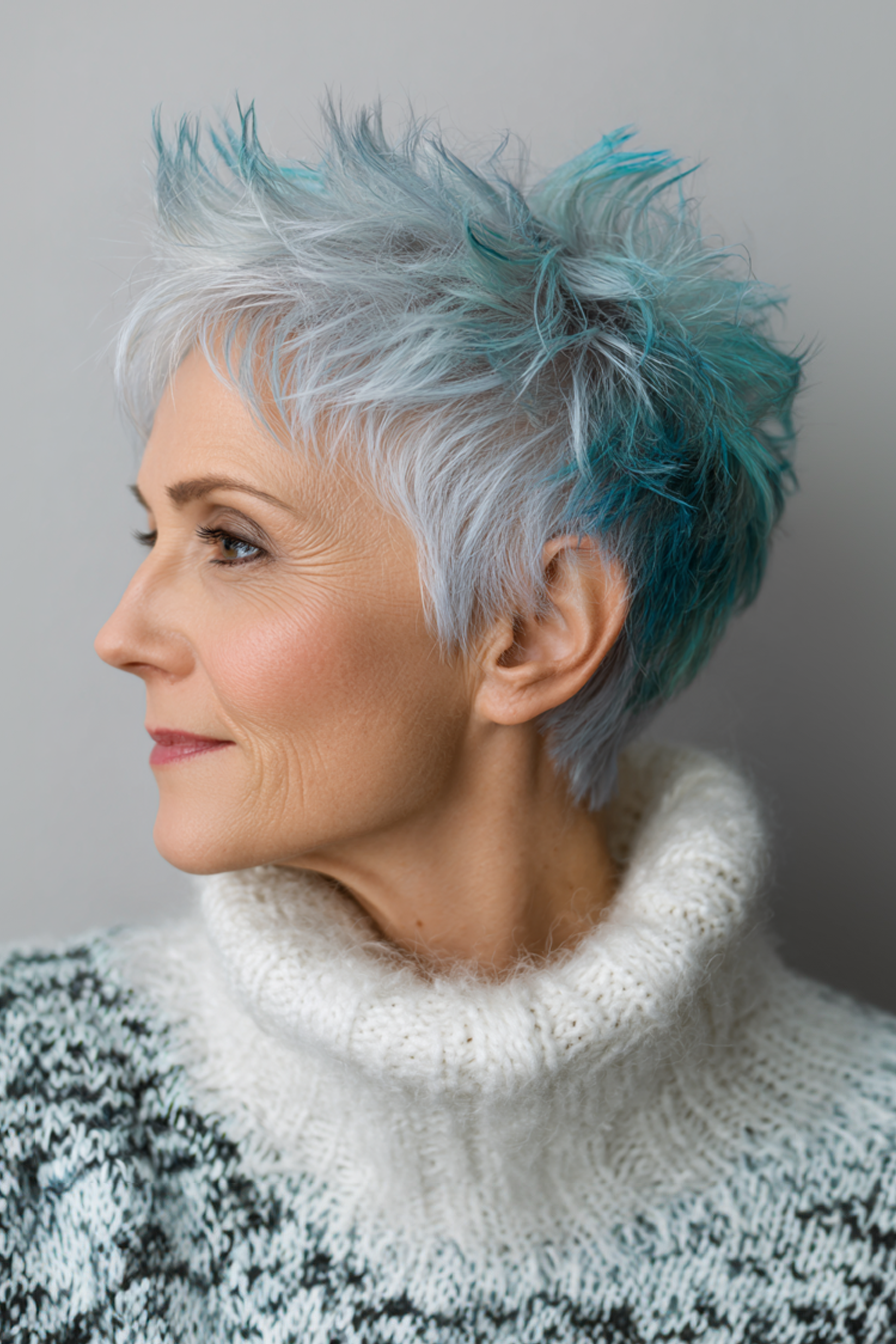 4. Spiky Pixie mit eisigen blauen Farbtönen (funky Haarschnitte für ältere Frauen) - Funky Haarschnitte für ältere Frauen