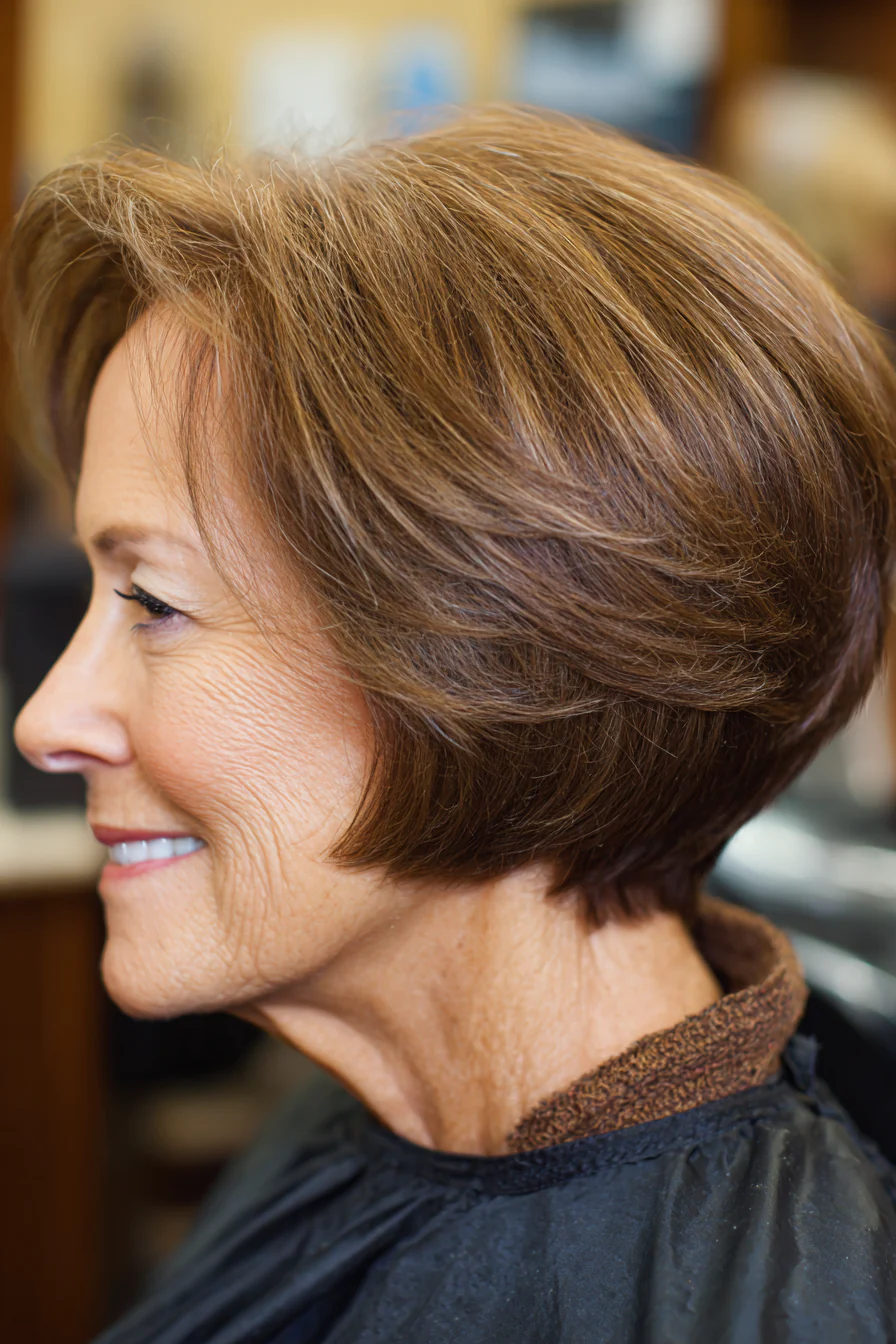 4. Gestapelter Bob mit Seitenscheitel – Kastanienbraun (kurze Frisuren für ältere Frauen mit dickem Haar) – Kurze Frisuren für ältere Frauen mit dickem Haar