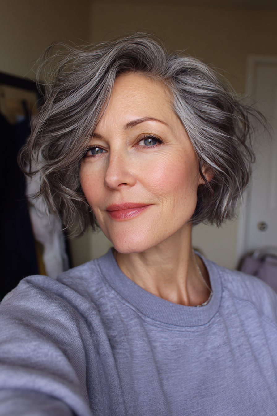 4. Gestapelter Wellenbob in Aschebraun (kurze Haarschnitte für Frauen über 50 mit welligem Haar) - kurze Haarschnitte für Frauen über 50 mit welligen Haaren