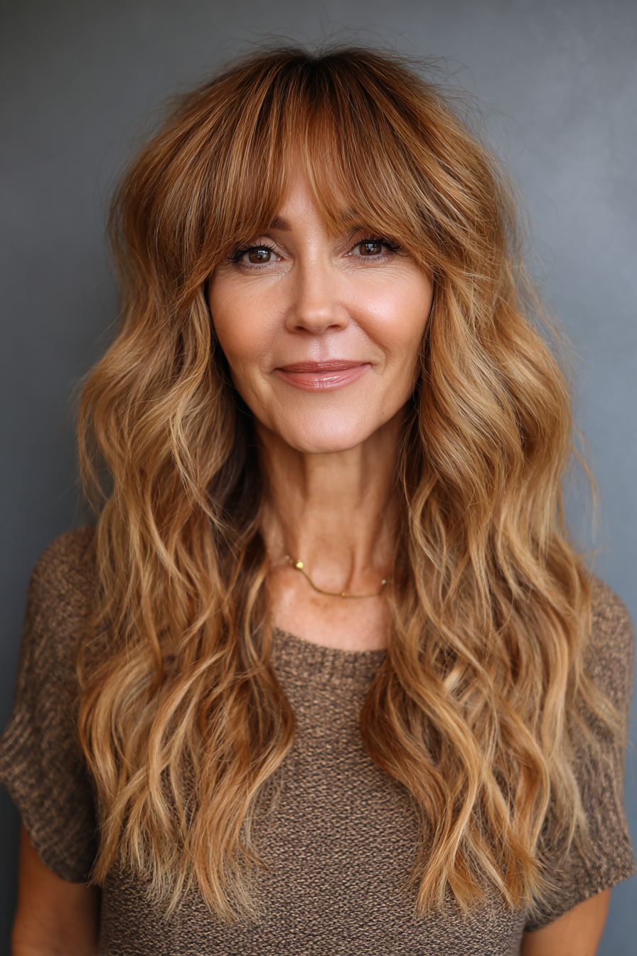 4. Sun-Kissed Caramel Shag (Wellige Frisuren für Frauen über 60) – Wellige Frisuren für Frauen über 60