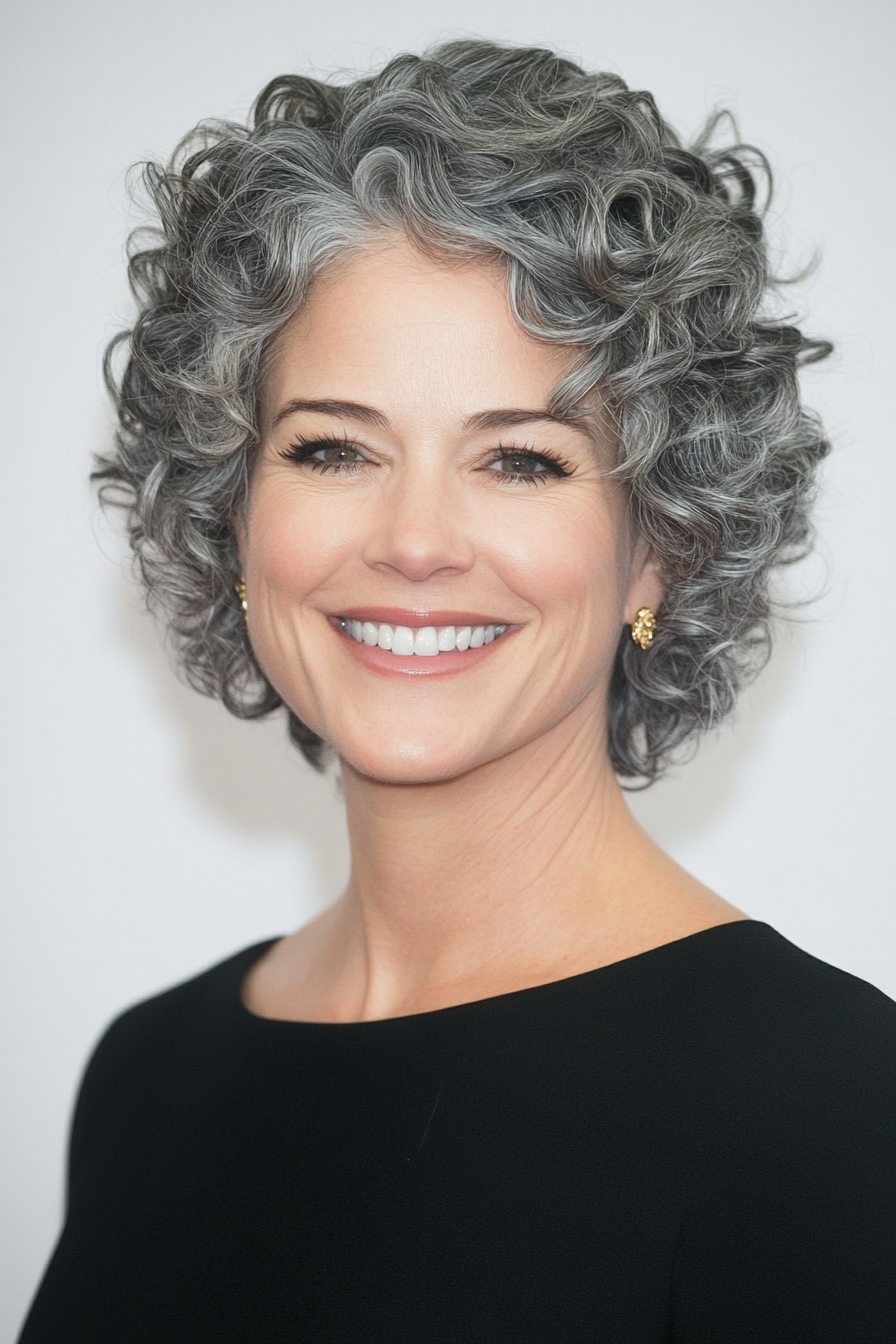4. Verjüngte aschgraue Locken (kurze lockige Frisuren für Frauen über 50 mit grauem Haar) - kurze lockige Frisuren für Frauen über 50 mit grauen Haaren