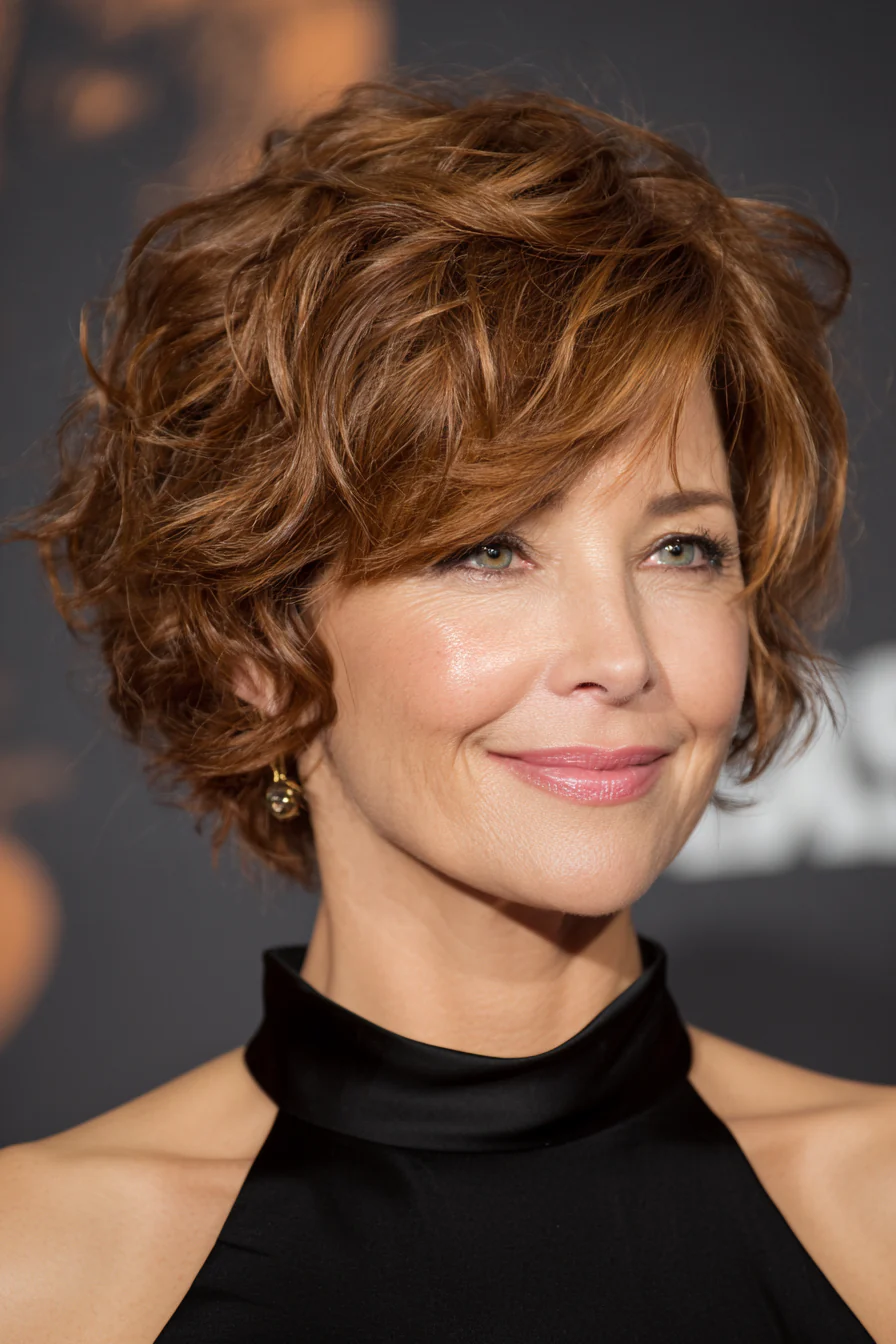 4. Strukturierter Bob mit warmen kastanienbraunen Highlights (kurze gewellte Haarschnitte für ältere Frauen) – Kurze gewellte Haarschnitte für ältere Frauen