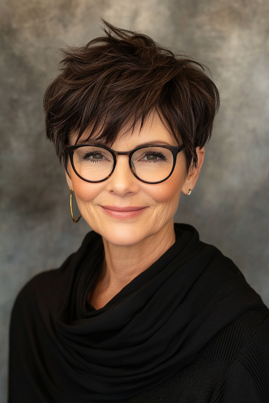 4. Strukturierte brünette, sich verjüngende Pixie (Pixie -Haarschnitte für Frauen über 50 mit Brillen) - Pixie -Haarschnitte für Frauen über 50 mit Brillen
