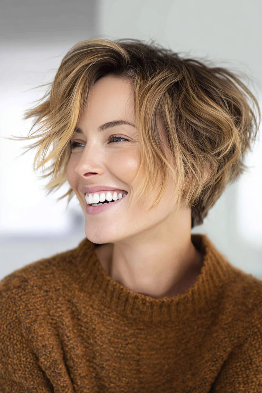 4. Strukturierter Haarschnitt mit Karamell-Balayage (Kurzhaarschnitte für Frauen über 40 mit feinem Haar) – Kurzhaarschnitte für Frauen über 40 mit feinem Haar