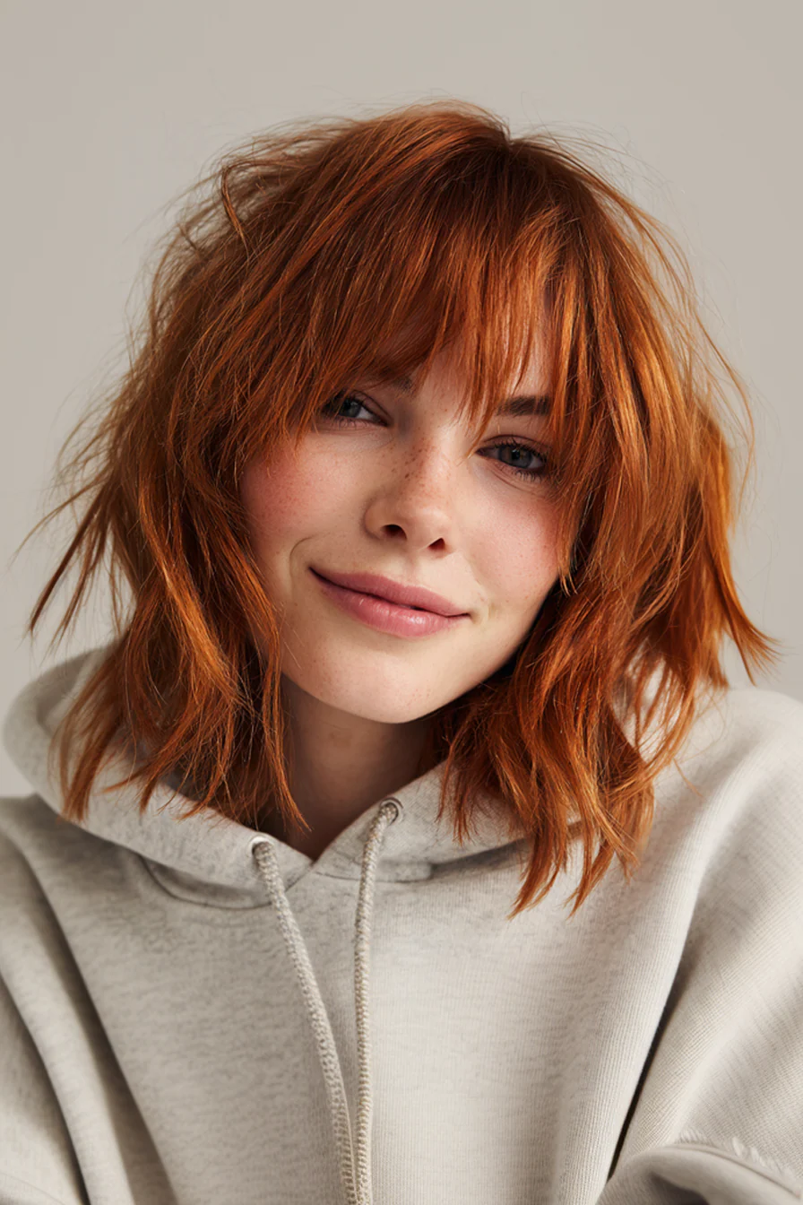 4. Strukturierter Shaggy Bob mit kupferfarbenem Pony (Bob-Frisuren mit Pony) – Bob-Frisuren mit Pony