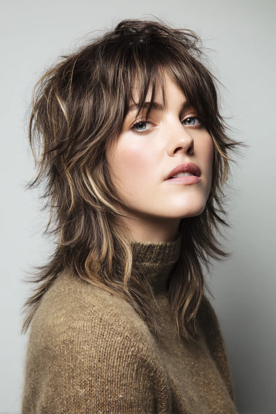 4. Strukturierter Wolfsschnitt mit sanften Honig-Highlights (Haarschnitte für dickes Haar) – Haarschnitte für dickes Haar