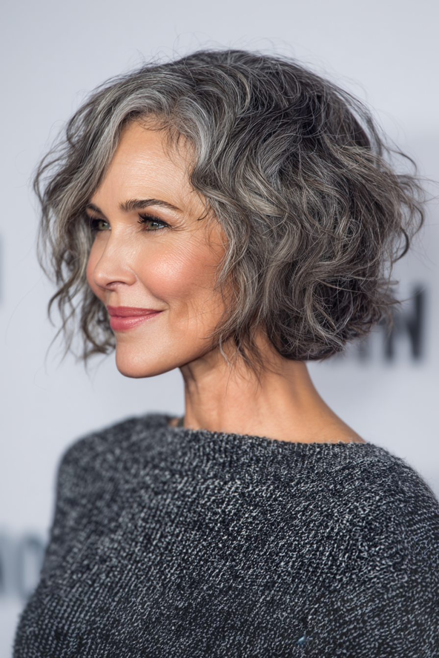 4. Tousled Salt-and-Prepper Bob (kurze Frisuren für Frauen über 50 mit welligen Haaren)-kurze Frisuren für Frauen über 50 mit welligen Haaren