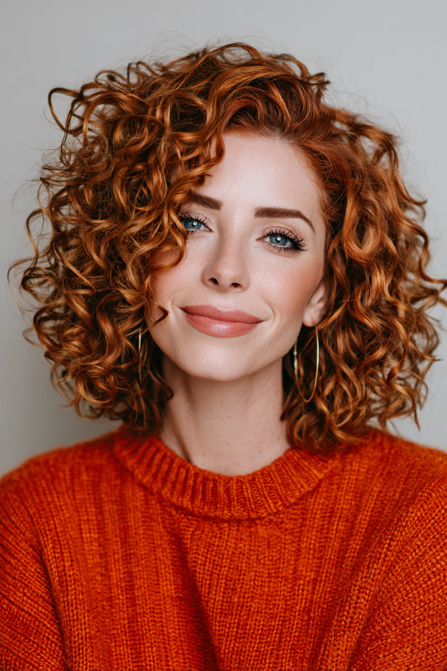 4. Voluminöser lockiger Bob mit dezenter Kupfertönung (mittellange lockige Haarschnitte für Frauen über 40) – mittellange lockige Haarschnitte für Frauen über 40