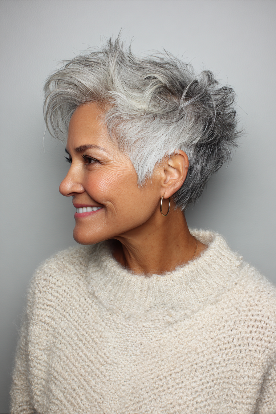 4. Voluminous Salz-und-Piepper-Pixie (Hochzeitsfrisuren für Frauen über 60)-Hochzeitsfrisuren für Frauen über 60