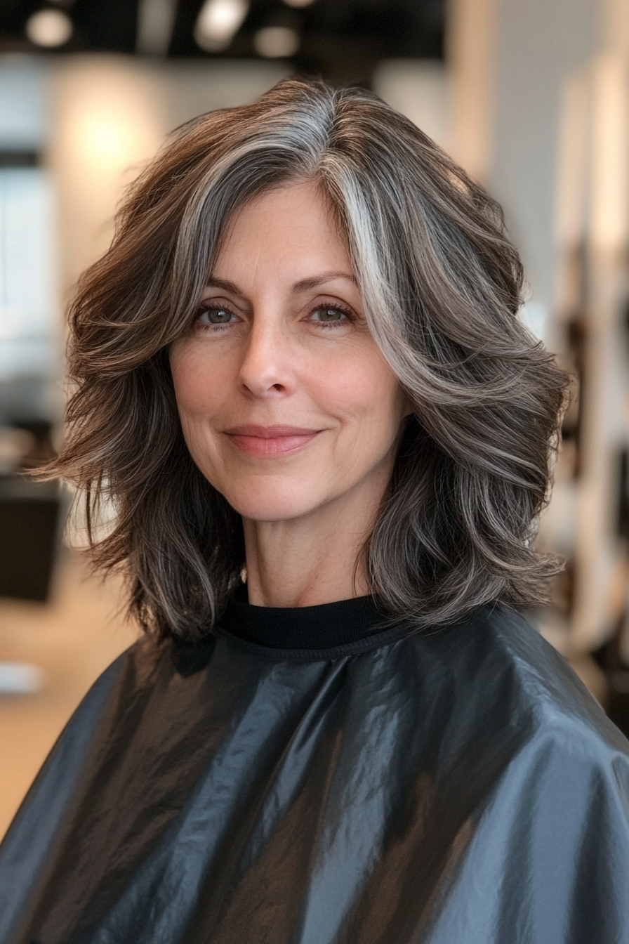 4. Warm Brünette Shag (Haarschnitte für Frauen über 50 mit grauem Haar) - Haarschnitte für Frauen über 50 mit grauen Haaren