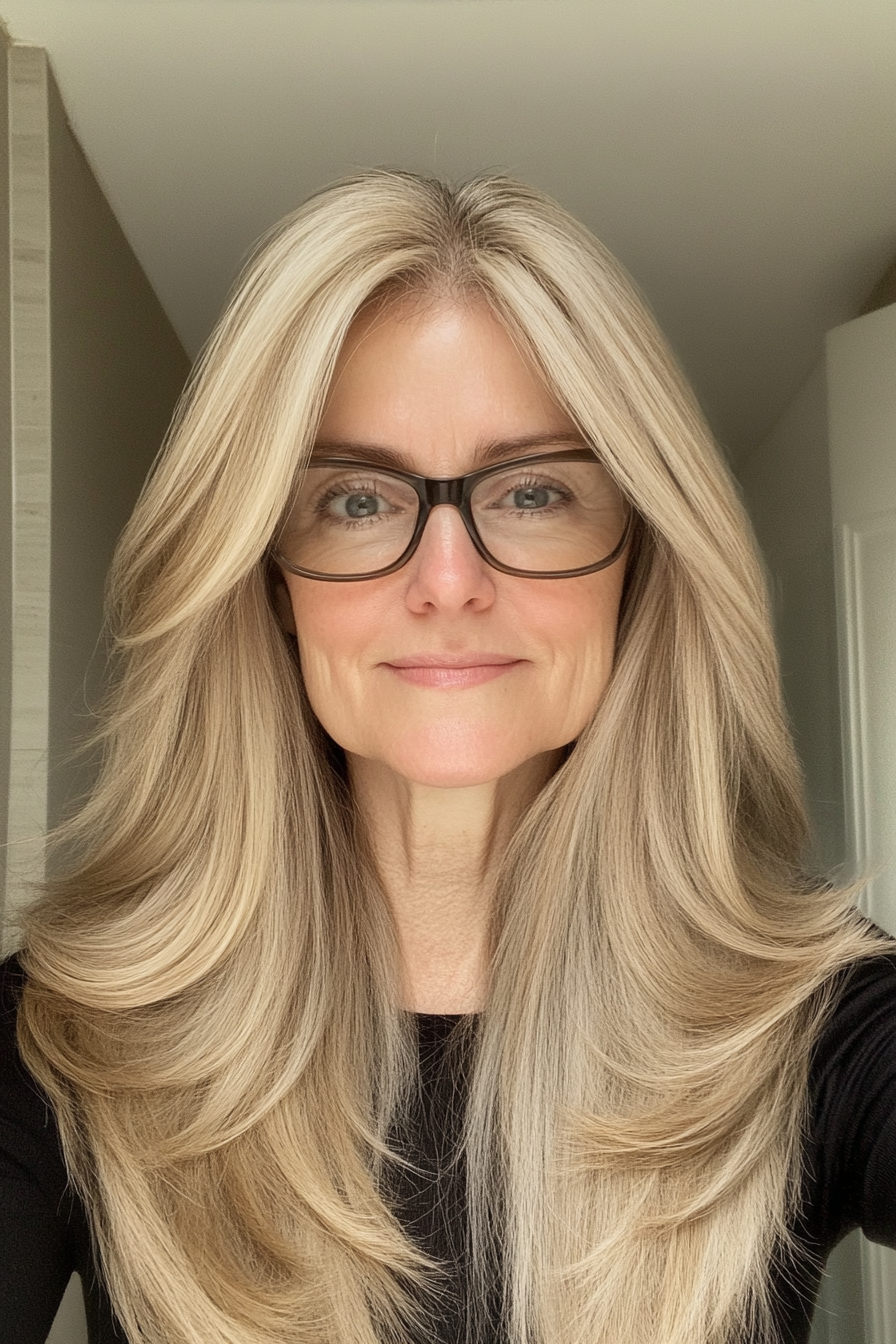 4. Warmhonigblond gerade mit Schichten (lange Frisuren für Frauen über 60 mit Brillen) - lange Frisuren für Frauen über 60 mit Brille