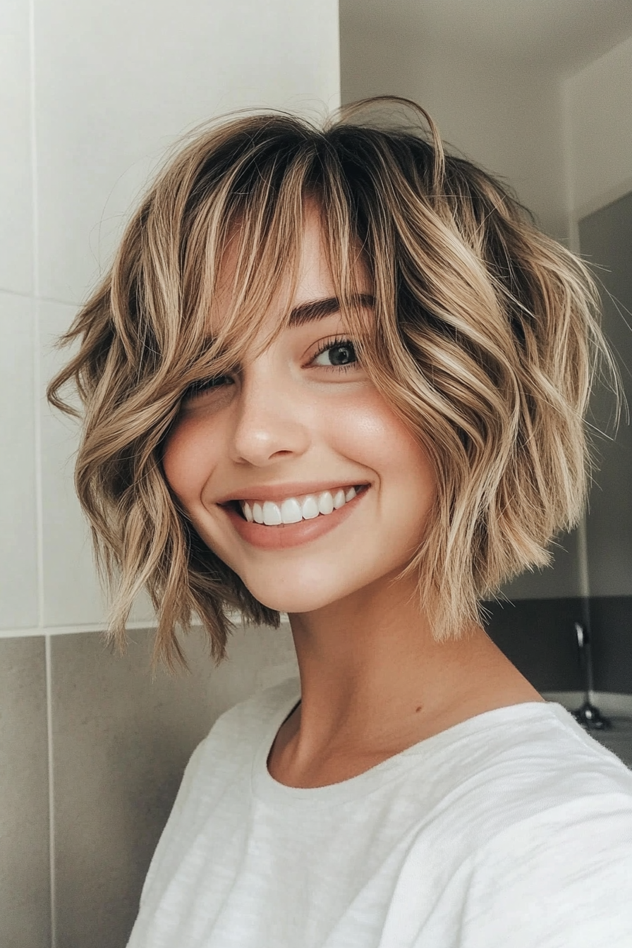 4. Wavy Mini Bob mit natürlichen blonden Highlights (kurze Haarschnitte mit Vorhang Pony) - kurze Haarschnitte mit Vorhangknalls