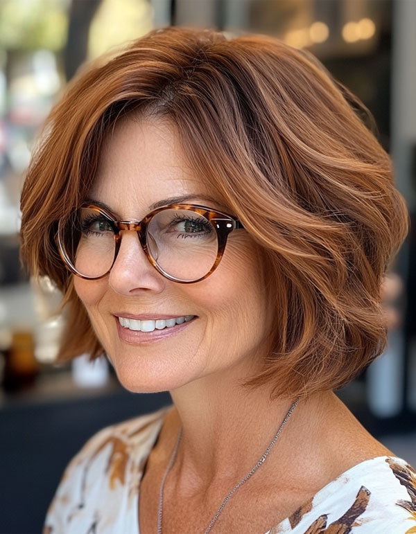 Auburn Layered Bob, kurzer Haarschnitt für Frauen über 60 mit Brille