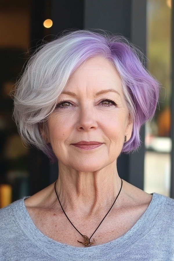 Lavender Pop Bob, Bob Haarschnitt für Frauen über 60, Bob Frisur für Frau über 60