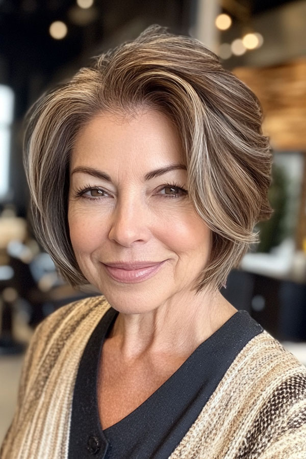 Strukturierter Bob mit Lautstärke, Bob Haarschnitt für Frauen über 60, Bob Frisur für Frau über 60