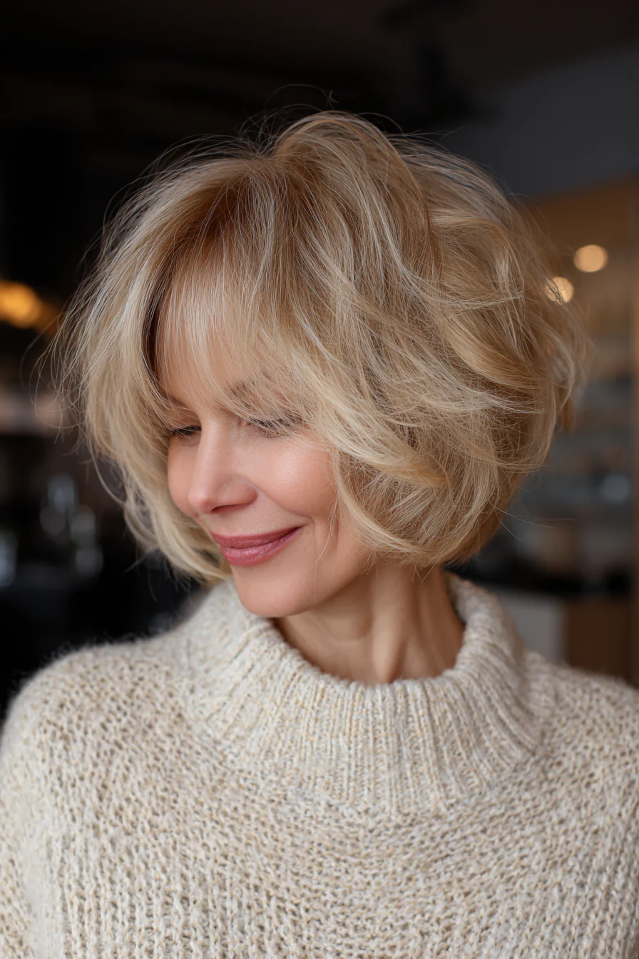 5. Luftiger Shaggy Bob in Champagnerblond (kurze mittellange Frisuren für Frauen über 50) – Kurze mittellange Frisuren für Frauen über 50