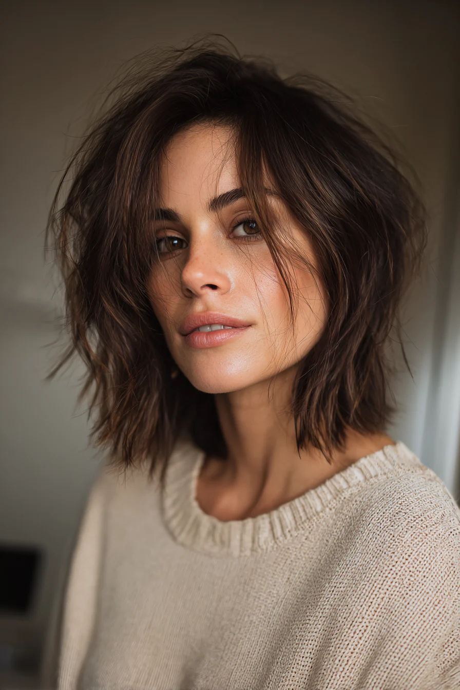 5. Abgewinkelter Bob mit natürlichem Dunkelbraun (Haarschnitt-Ideen für Frauen) – Haarschnitt-Ideen für Frauen