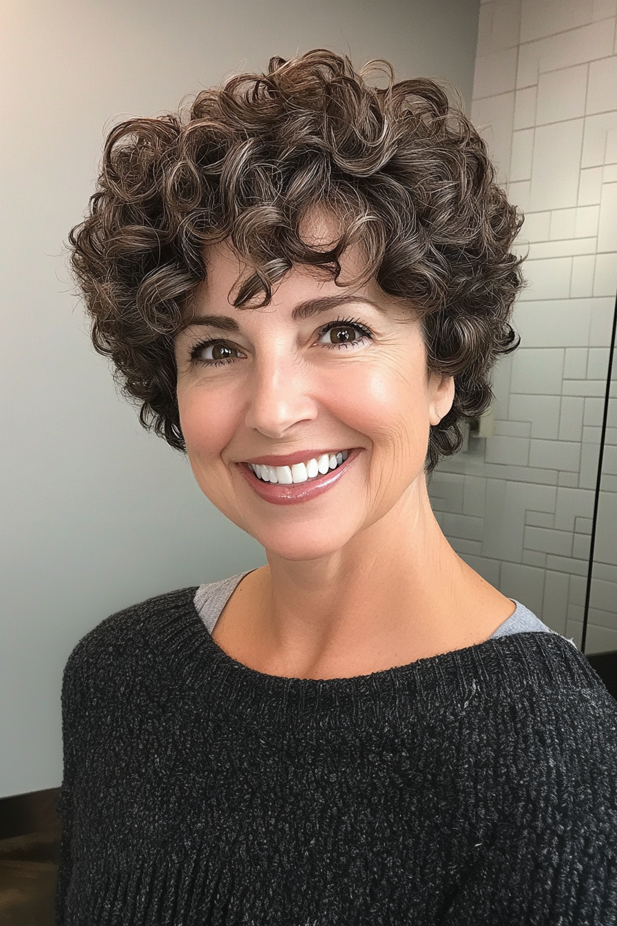 5. Aschebraune Curly Pixie (Haarschnitt für lockiges Haar für Frauen über 50) - Haarschnitt für lockiges Haar für Frauen über 50