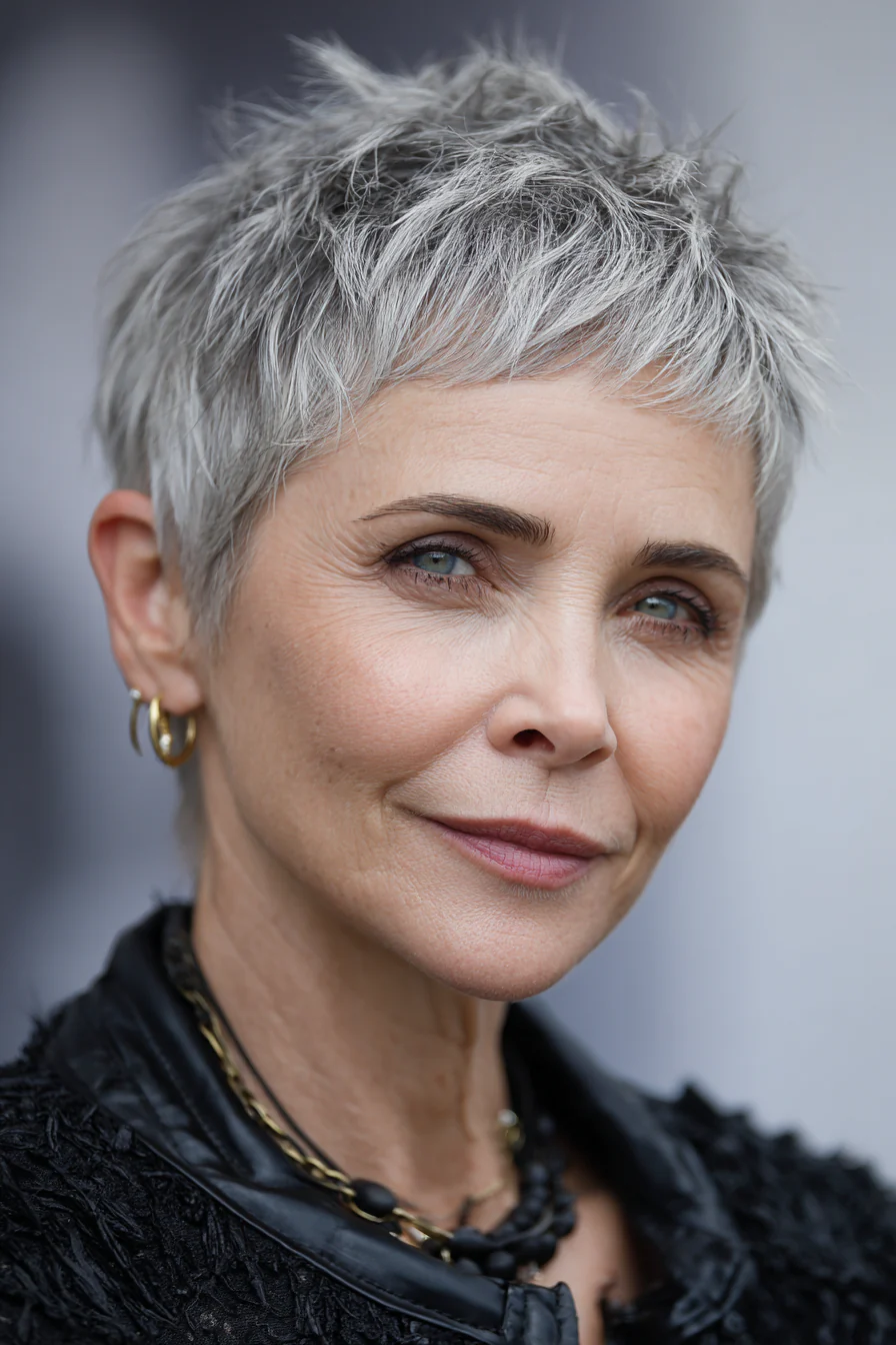 5. Aschgrauer strukturierter Pixie (beliebte Haarschnitte für Frauen über 60) – Beliebte Haarschnitte für Frauen über 60