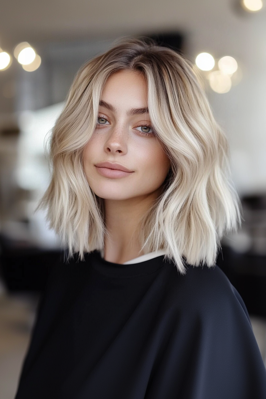 5. Stumpf geschnitten mit Wurzelschatten und beige Blonde (Haarschnitte für dickes und welliges Haar) - Haarschnitte für dickes und welliges Haar